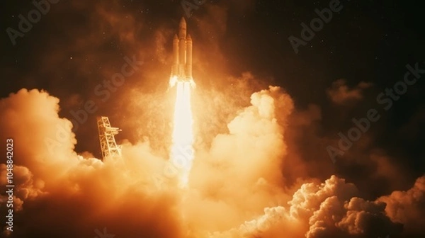 Fototapeta Rocket launching from the pad, surrounded by a thick plume of smoke and fire.
