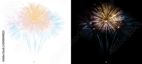 Fototapeta Colorful fireworks display on transparent and black background, creating a festive atmosphere, cutout, png