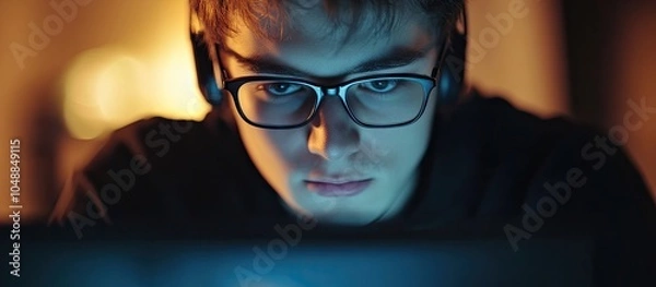 Obraz Hacker A young man with a laptop is focused on the screen. with copy space image. Place for adding text or design