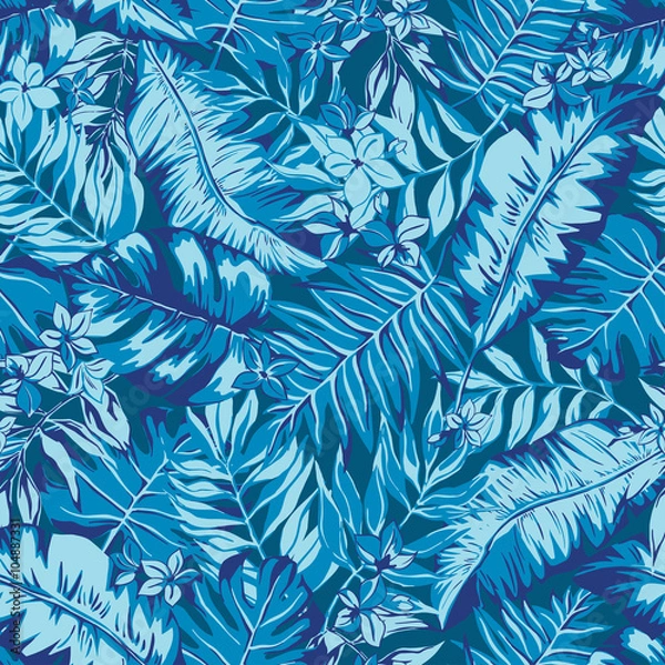 Fototapeta vector seamless bright colorful tropical pattern with flowers, split leaf, philodendron, rain forest nature, summer time holidays, active tropics background print