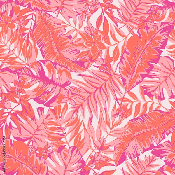 Fototapeta vector seamless bright colorful tropical pattern with flowers, split leaf, philodendron, rain forest nature, summer time holidays, active tropics background print