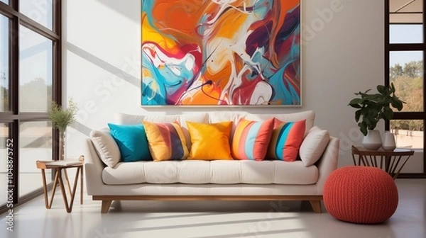 Fototapeta Modern minimalist living room with white corner sofa and colorful pillows, perfect for a vibrant, contemporary feel.