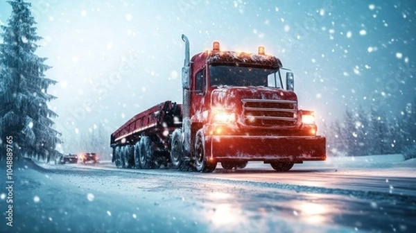 Fototapeta Red Semi-Truck Driving on Snowy Road in Winter