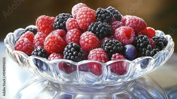 Obraz A Glass Bowl Filled with Raspberries and Blackberries