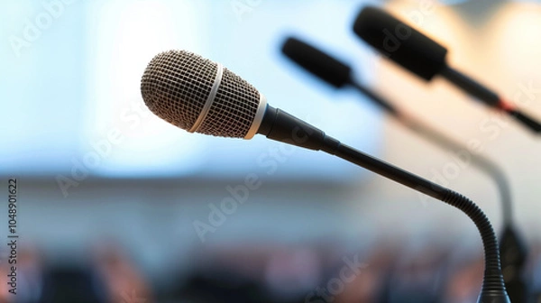 Obraz Microphone close-up, representing press conferences, speeches, and important news