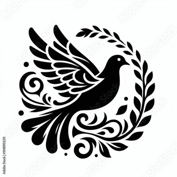 Obraz Dove of peace. Dove. Symbol of peace. Black silhouette. Sticker, label, logo, poster, card. Stylized illustration of black silhouette of a flying dove illustration isolated on white background.