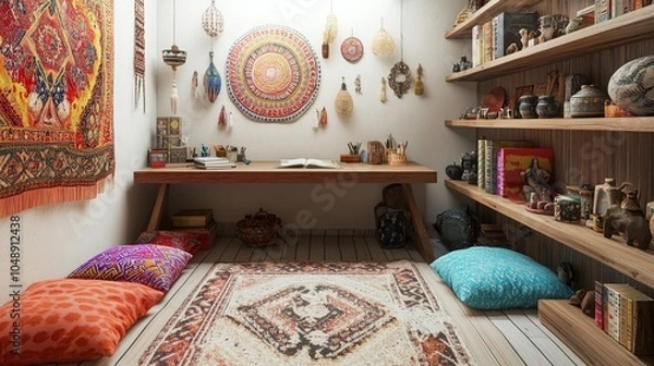 Obraz A bohemian-styled home office with a wooden desk
