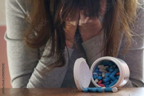 Obraz Drug abuse and dependence; a photo of a woman sitting with medication; Stop taking medications