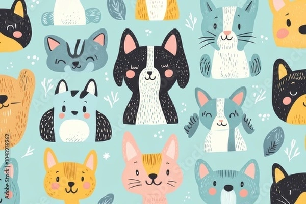 Fototapeta Playful pattern of various pets like cats and dogs, illustrated in cartoon style with friendly expressions, bright colors, and whimsical touches, adorable and heartwarming 