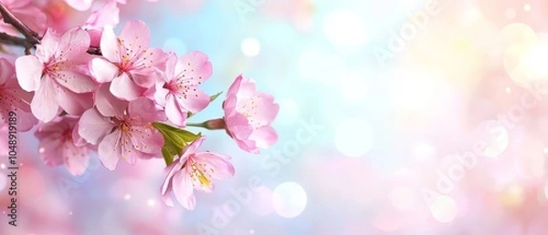 Fototapeta  Pink flowers bloom on a branch against a blurred blue and pink backdrop, illuminated by a soft bokeh of light