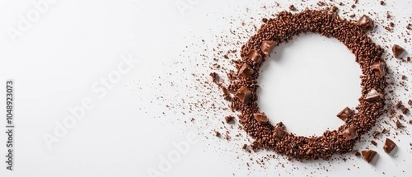 Fototapeta  A white backdrop features a circular arrangement of chocolate chips and chocolate sprinkles