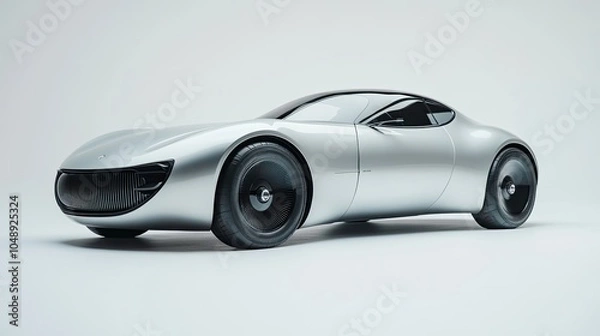 Fototapeta A streamlined car design in silver against a white backdrop, showing off cutting-edge automotive features in a minimalistic presentation.