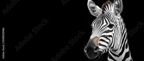 Fototapeta  A zebra's face in close-up against a black backdrop, displaying just one head