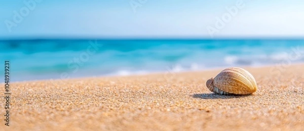 Fototapeta  A tight shot of a seashell on sandy beach shore Ocean backdrop, blue sky overhead