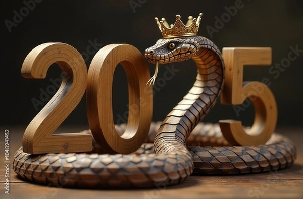 Obraz Wooden 2025 featuring a wooden snake as the Chinese zodiac symbol. A new year's concept.