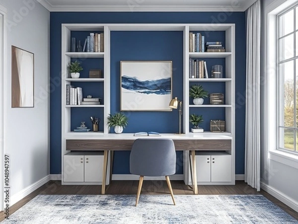 Fototapeta Modern study room featuring a soothing blue accent wall with white shelving and desk