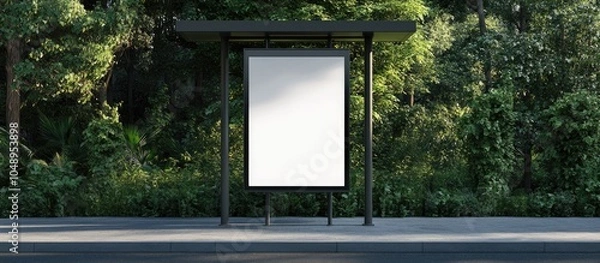 Fototapeta Blank billboard poster advertisement mockups at an empty bus stop shelter along the main road with greenery in the background out of home OOH vertical billboard media display area