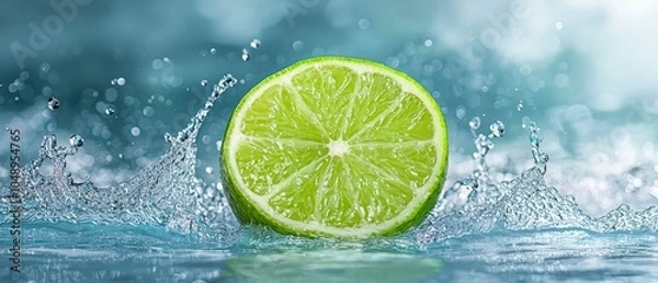 Fototapeta  A lime floating in water with droplets on its bottom surface