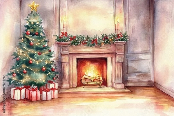 Obraz Cozy Christmas scene with fireplace and tree