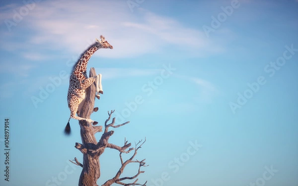 Fototapeta Giraffe climbing a dry tree in surreal landscape.