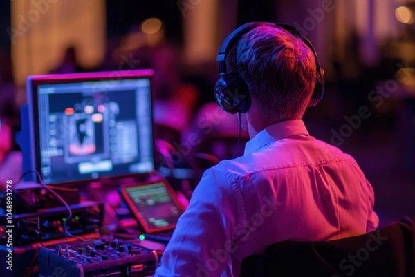 Fototapeta A sound technician monitors audio levels while operating equipment during a live event in an urban venue