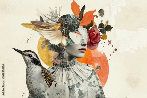 Obraz A creative collage of a woman surrounded by vibrant flowers and a bird against a soft background