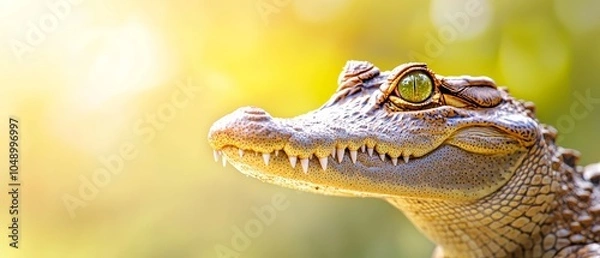 Fototapeta  A tight shot of a crocodile's head wearing a green eye patch, blurred background