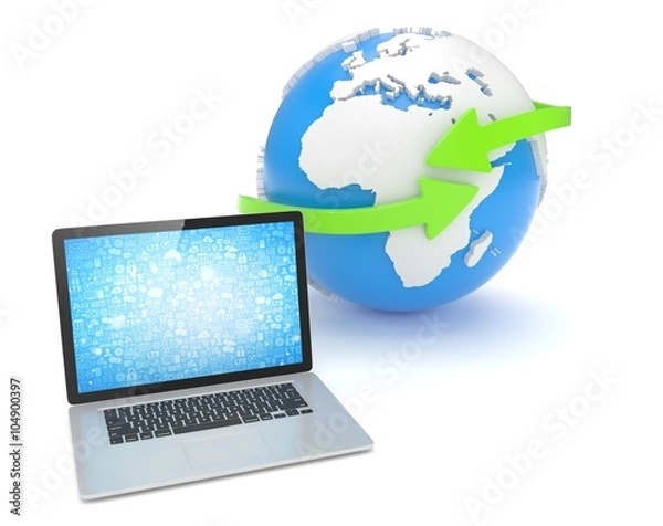Fototapeta Laptop network and earth globe. 3d render