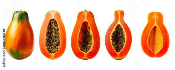 Fototapeta Set of papaya - whole, halves with seeds and half without seeds, isolated on transparent background.