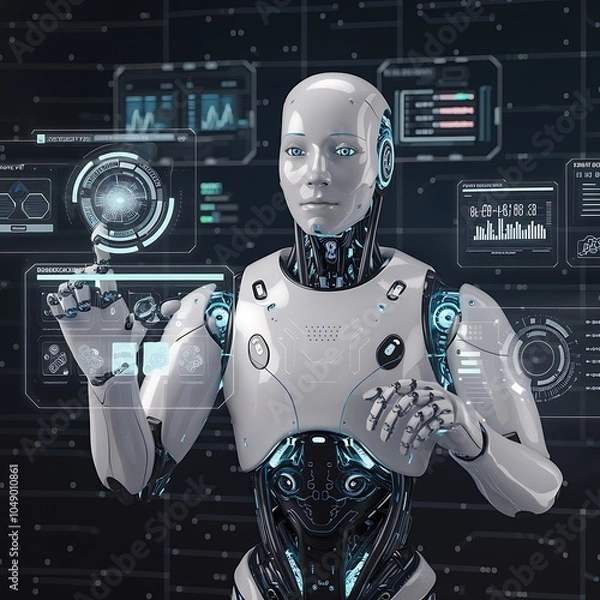 Fototapeta Human-like AI robot with data visualization holograms, next-gen technology concept