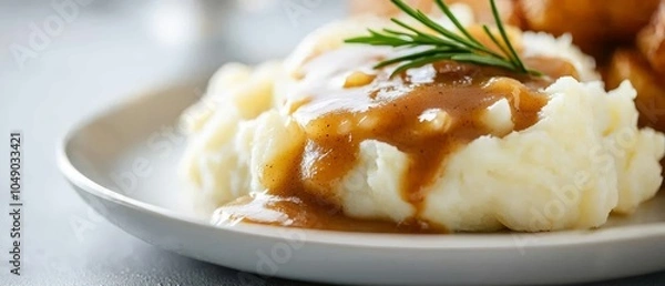 Obraz  A plate of mashed potatoes generously covered in gravy, adorned with a sprig of rosemary