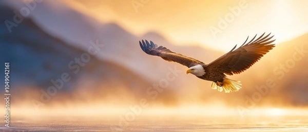 Obraz  A bald eagle soars above a body of water, with a mountain range visible in the background
