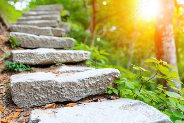 Obraz Stone steps winding through a lush green forest at sunrise in a tranquil natural setting