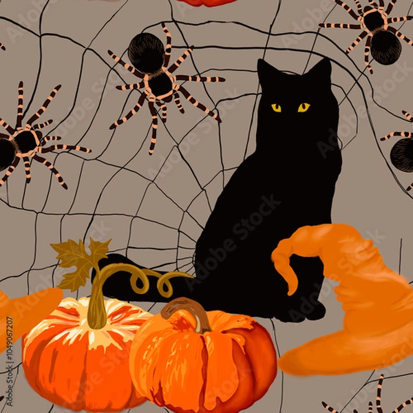 Obraz Halloween seamless pattern with cat and pumpkin