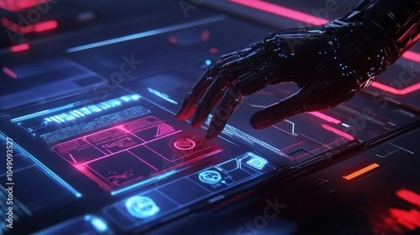 Fototapeta A robotic hand interacts with a futuristic touchscreen interface filled with digital data.