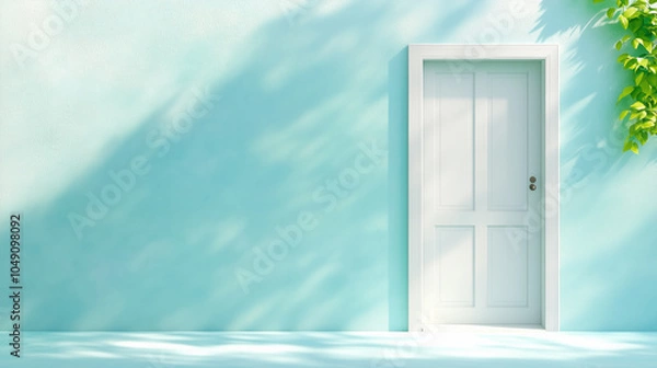 Fototapeta A serene aqua wall featuring a simple white door illuminated by soft shadows and greenery