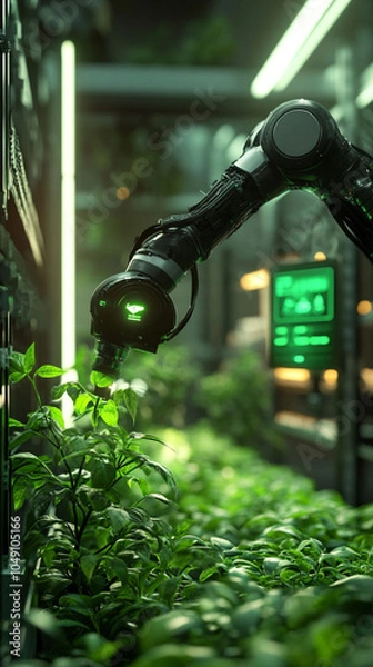 Obraz Graphic of a robot arm with smart farming or agricultural technology green technology interface