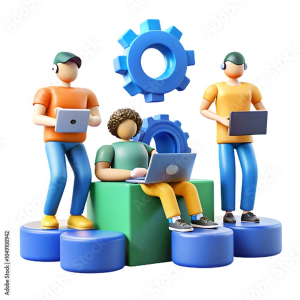 Fototapeta people DevOps  with programmers working 3d cartoon style illustration
