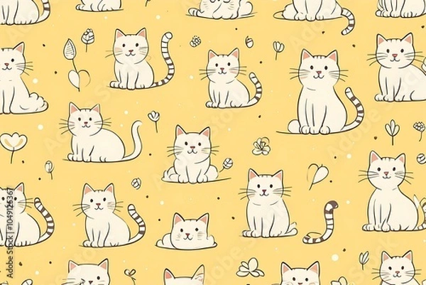 Fototapeta Seamless picture of cute cat carton design art funny background for textile kid clothes baby kitten fun  pale yellow