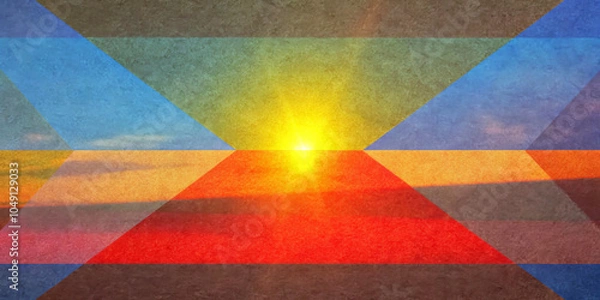 Fototapeta Vibrant geometric composition features overlapping triangles with a bright sun at the center.Use of warm colors like red,orange,and yellow contrasts with cooler blue and green hues with copy space.AI 