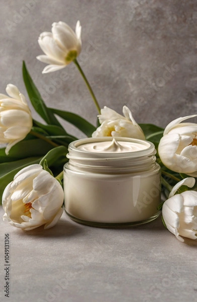 Fototapeta White jar of skin hand made organic eco friendly vegan cream. Delicate gentle photo with tulip flowers in a frame. Still life minimalistic beauty cosmetics care natural light template.	