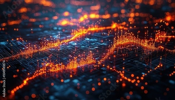Fototapeta Abstract 3D Grid with Glowing Orange Lights