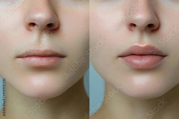 Fototapeta Before and after lip filler injections. Lip augmentation close-up. Plastic surgery.	