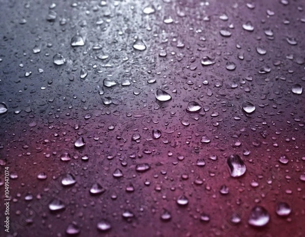 Fototapeta Close-up of water droplets on a smooth surface during twilight in a serene setting