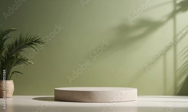 Fototapeta A minimalist display area featuring a round pedestal and a potted plant in natural light against a green wall background