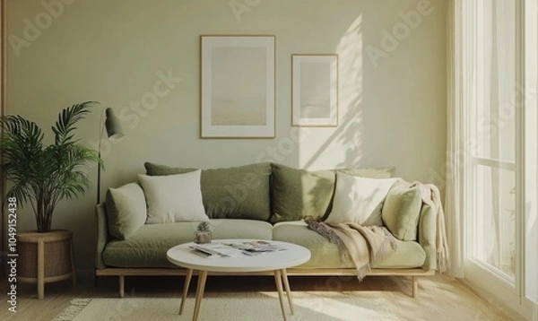 Fototapeta A living room with a green couch and a white coffee table