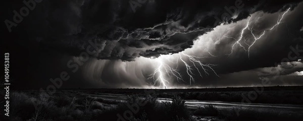 Fototapeta Dramatic lightning storm illuminates the desert landscape at night with dark clouds and heavy rain in the background