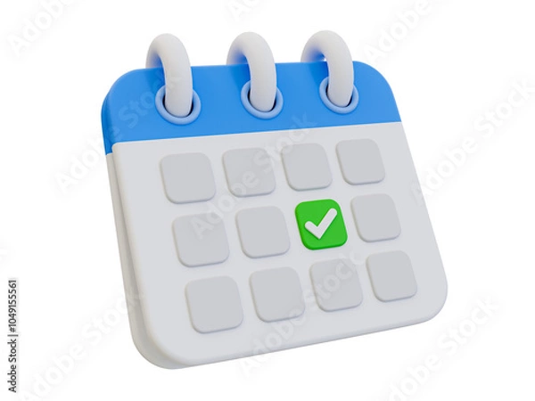 Fototapeta 3D illustration of calendar icon with a green check mark, symbolizing completed tasks, planning, or scheduling.