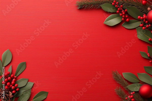 Fototapeta xmas card with branches and cones. red christmas background with festive holly berries and green foliage border