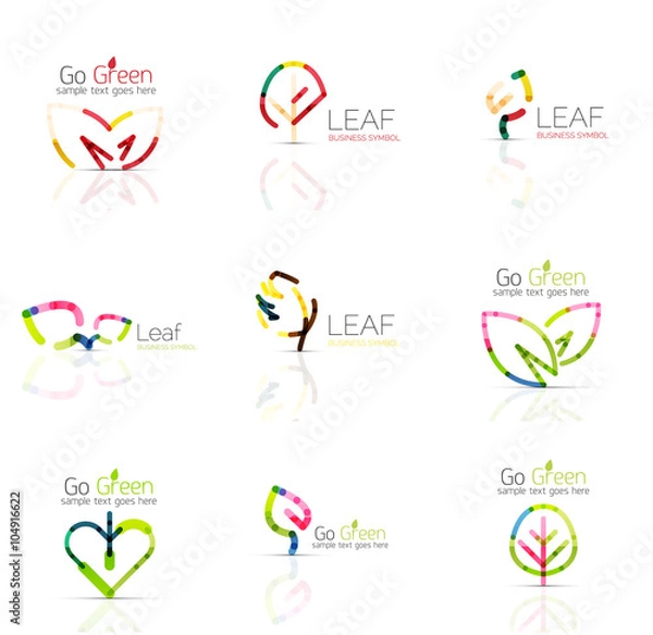 Fototapeta Linear leaf abstract logo set, connected multicolored segments